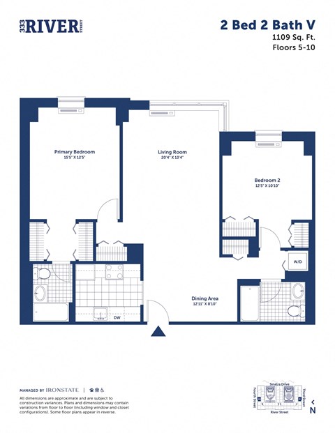 Floor plan for 2 beds, 2 baths, 1109 sqft